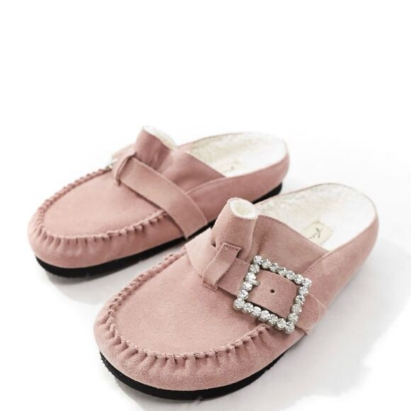 NWOT Free People Diamonte Buckle Slip on Buckle Mules in Blush Pink - Picture 2 of 12